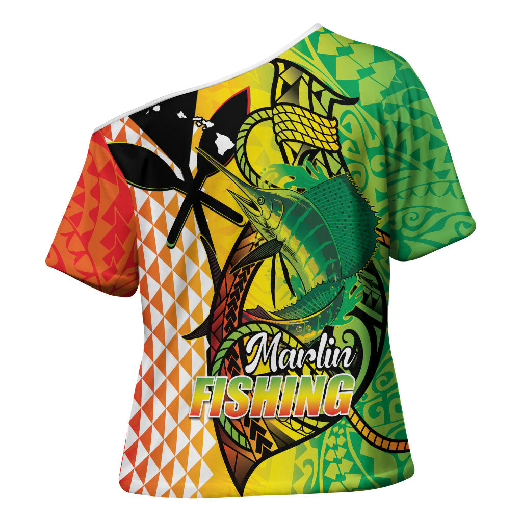 Hawaii Blue Marlin Fishing Cross Shoulder Shirt Hawaiian Kanaka Kakau Reggae