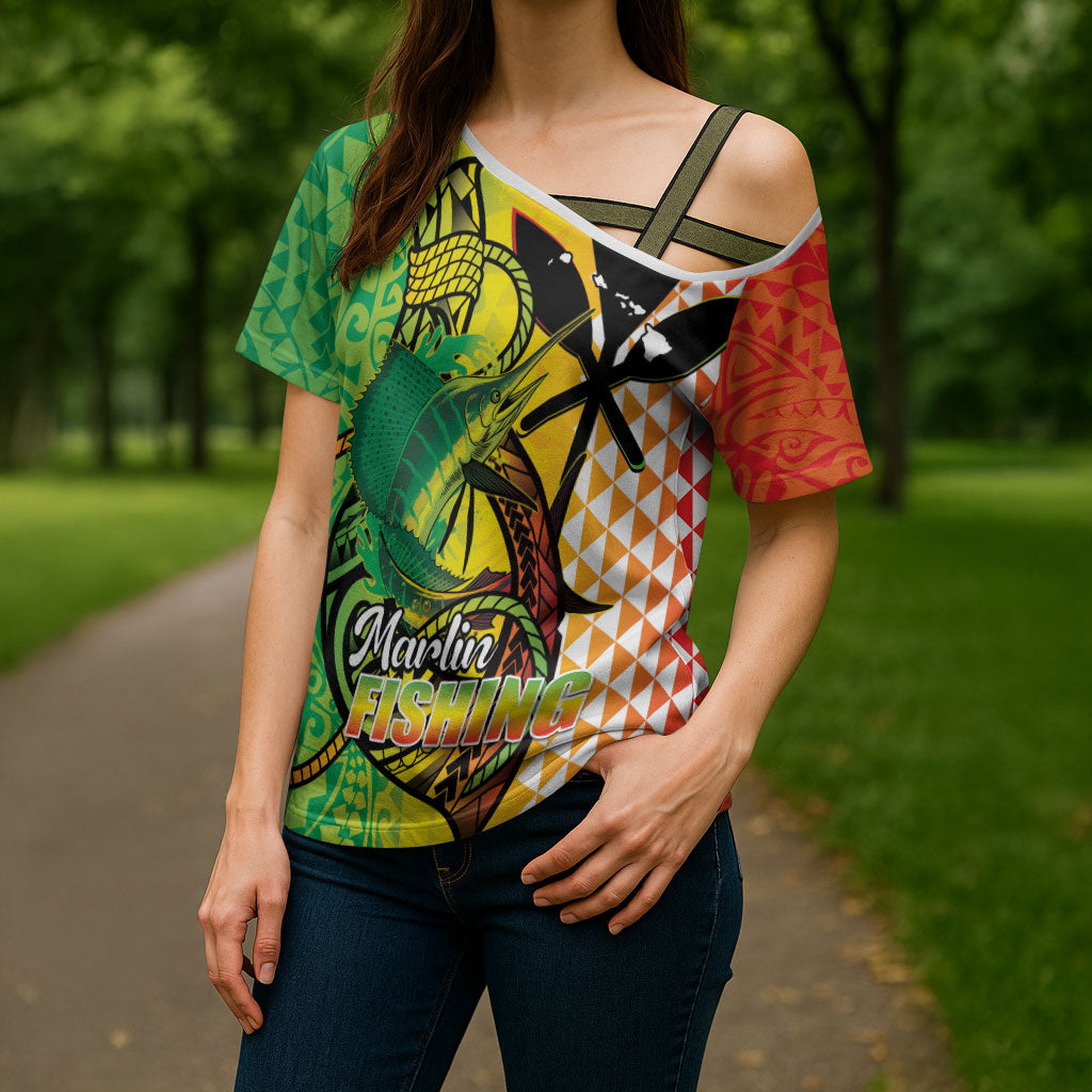 Hawaii Blue Marlin Fishing Cross Shoulder Shirt Hawaiian Kanaka Kakau Reggae