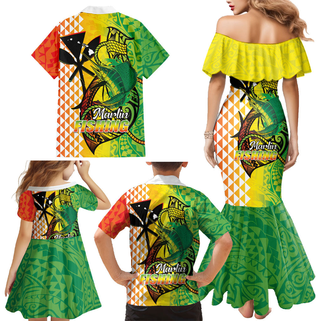 Hawaii Blue Marlin Fishing Family Matching Mermaid Dress and Hawaiian Shirt Hawaiian Kanaka Kakau Reggae LT14 - Polynesian Pride