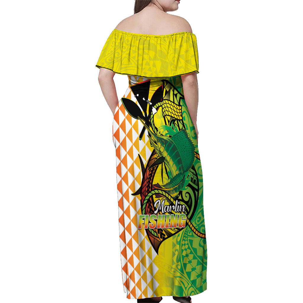 Hawaii Blue Marlin Fishing Family Matching Off Shoulder Maxi Dress and Hawaiian Shirt Hawaiian Kanaka Kakau Reggae LT14 - Polynesian Pride