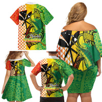 Hawaii Blue Marlin Fishing Family Matching Off Shoulder Short Dress and Hawaiian Shirt Hawaiian Kanaka Kakau Reggae LT14 - Polynesian Pride