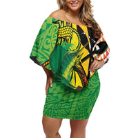 Hawaii Blue Marlin Fishing Family Matching Off Shoulder Short Dress and Hawaiian Shirt Hawaiian Kanaka Kakau Reggae LT14 Mom's Dress Reggae - Polynesian Pride