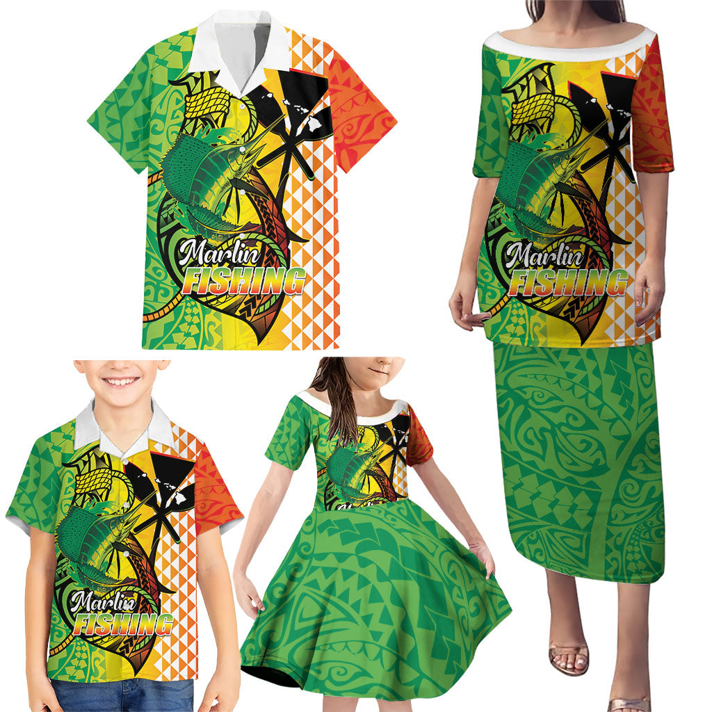Hawaii Blue Marlin Fishing Family Matching Puletasi and Hawaiian Shirt Hawaiian Kanaka Kakau Reggae LT14 - Polynesian Pride