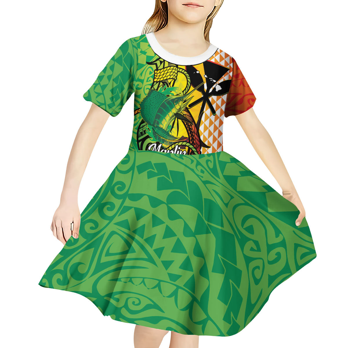 Hawaii Blue Marlin Fishing Kid Short Sleeve Dress Hawaiian Kanaka Kakau Reggae