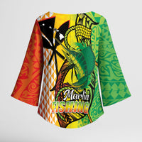 Hawaii Blue Marlin Fishing Kimono Sleeve Blouse Hawaiian Kanaka Kakau Reggae