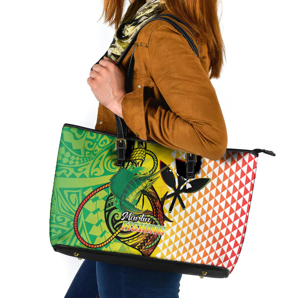 Hawaii Blue Marlin Fishing Leather Tote Bag Hawaiian Kanaka Kakau Reggae