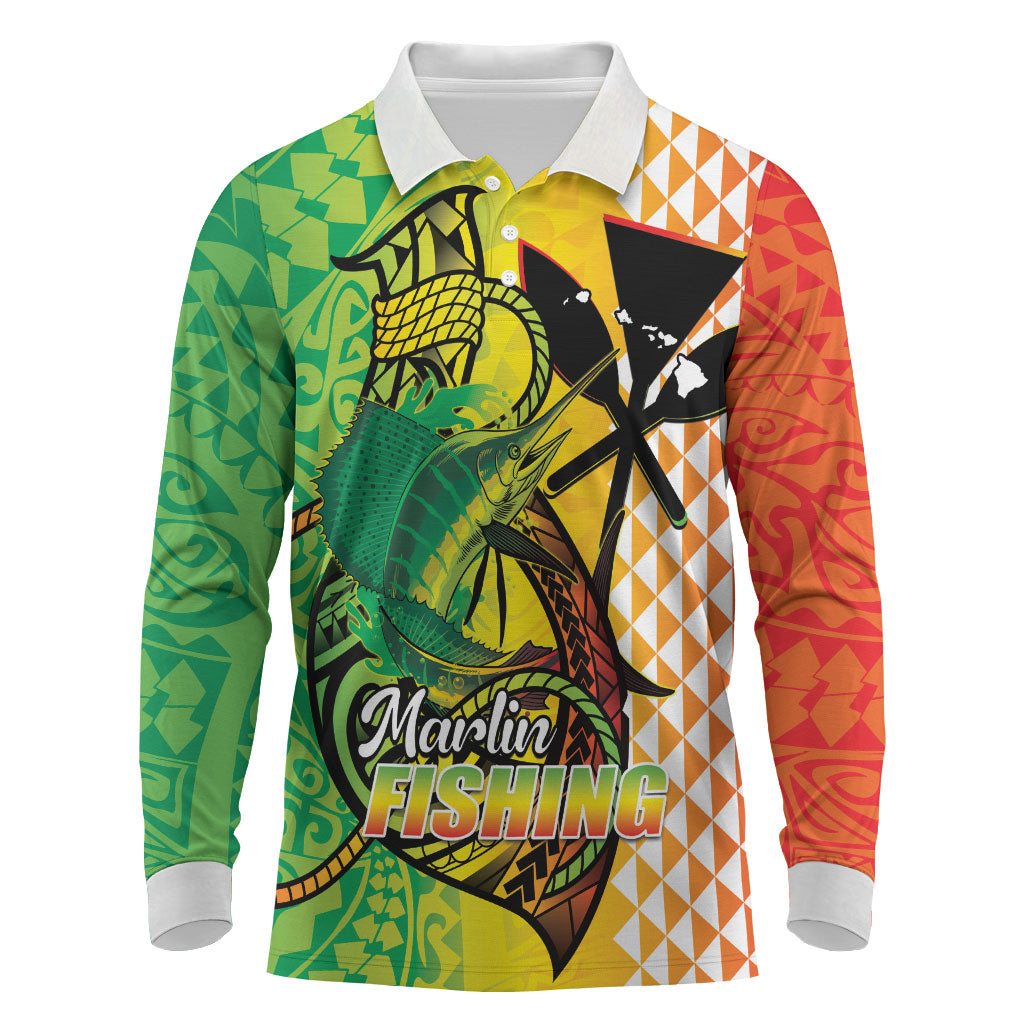 Hawaii Blue Marlin Fishing Long Sleeve Polo Shirt Hawaiian Kanaka Kakau Reggae