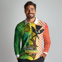 Hawaii Blue Marlin Fishing Long Sleeve Polo Shirt Hawaiian Kanaka Kakau Reggae