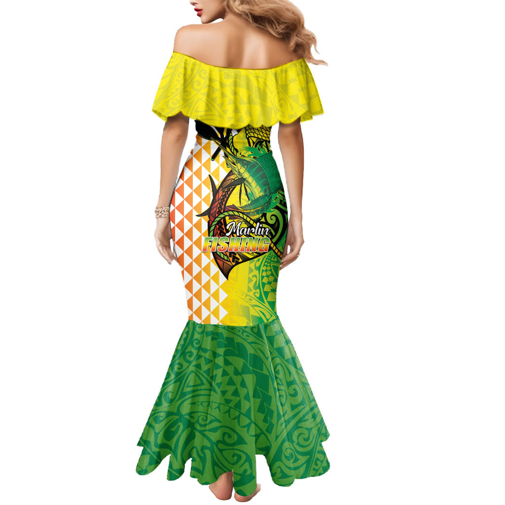 Hawaii Blue Marlin Fishing Mermaid Dress Hawaiian Kanaka Kakau Reggae