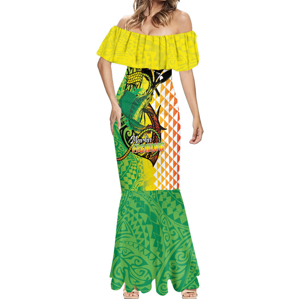 Hawaii Blue Marlin Fishing Mermaid Dress Hawaiian Kanaka Kakau Reggae