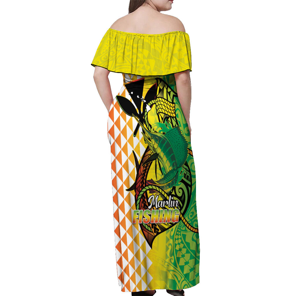 Hawaii Blue Marlin Fishing Off Shoulder Maxi Dress Hawaiian Kanaka Kakau Reggae