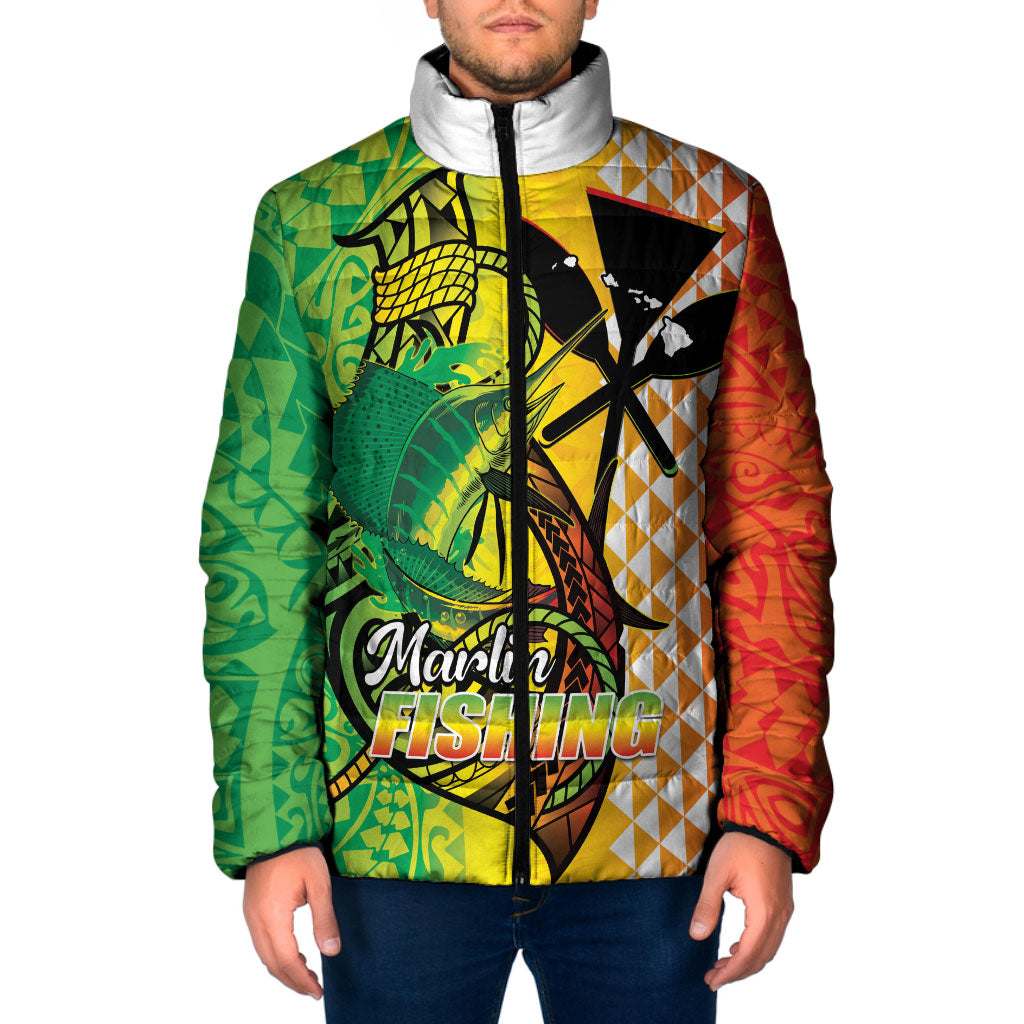 Hawaii Blue Marlin Fishing Padded Jacket Hawaiian Kanaka Kakau Reggae
