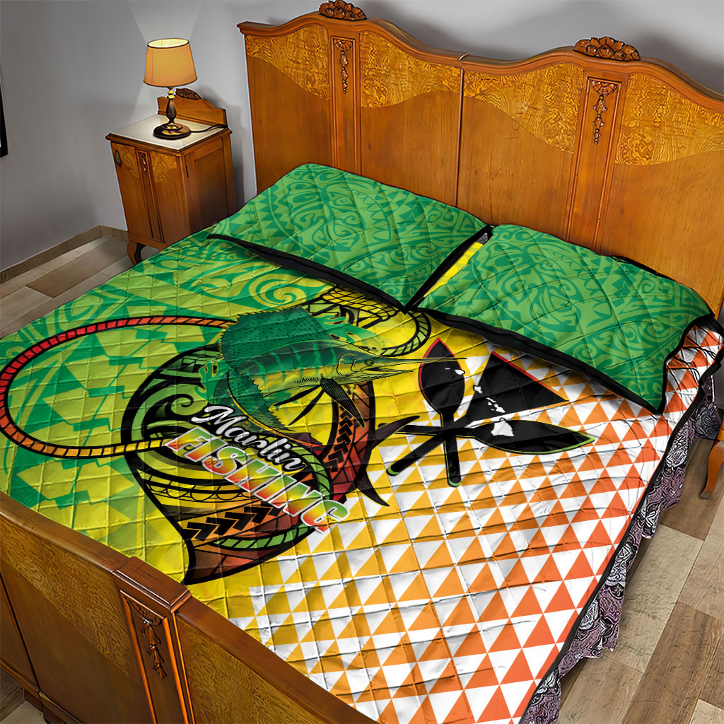 Hawaii Blue Marlin Fishing Quilt Bed Set Hawaiian Kanaka Kakau Reggae