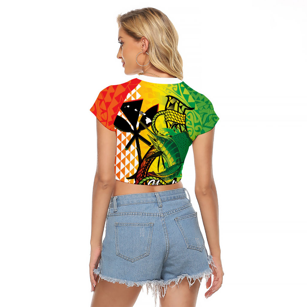 Hawaii Blue Marlin Fishing Raglan Cropped T Shirt Hawaiian Kanaka Kakau Reggae