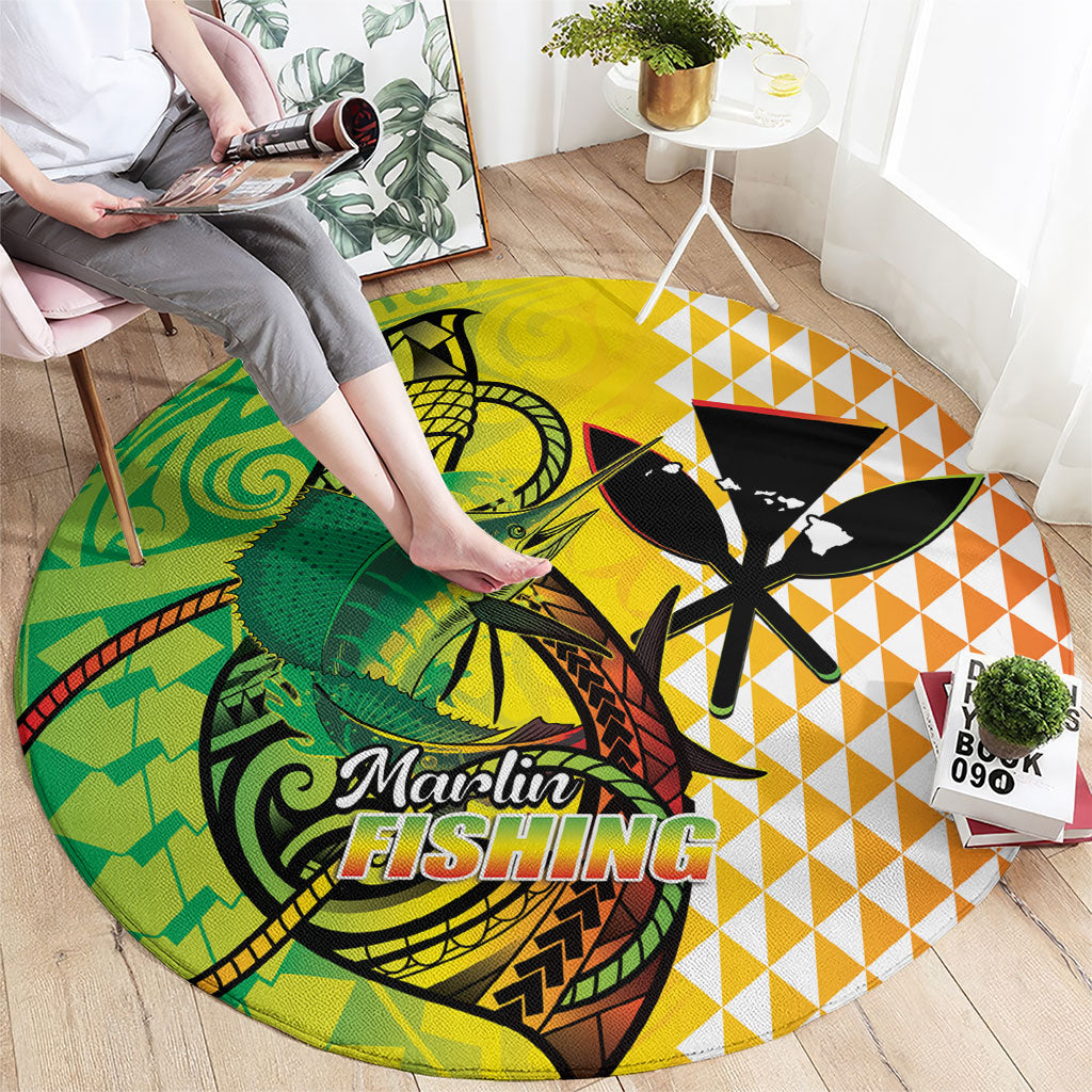 Hawaii Blue Marlin Fishing Round Carpet Hawaiian Kanaka Kakau Reggae