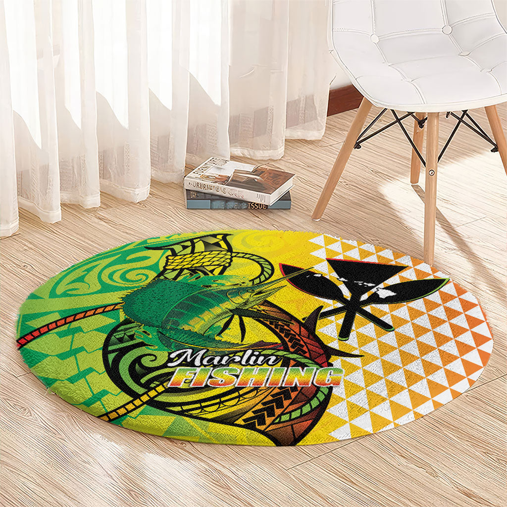 Hawaii Blue Marlin Fishing Round Carpet Hawaiian Kanaka Kakau Reggae