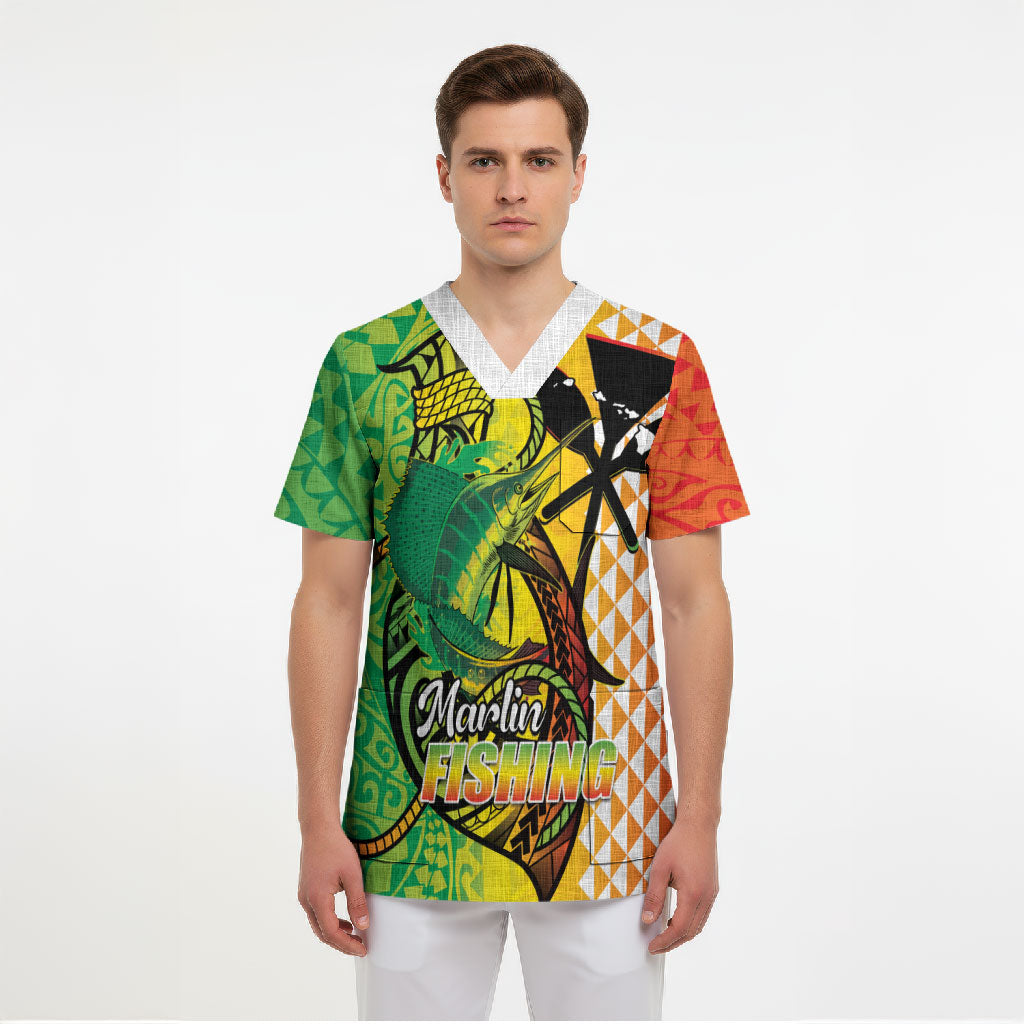 Hawaii Blue Marlin Fishing Scrub Top Hawaiian Kanaka Kakau Reggae