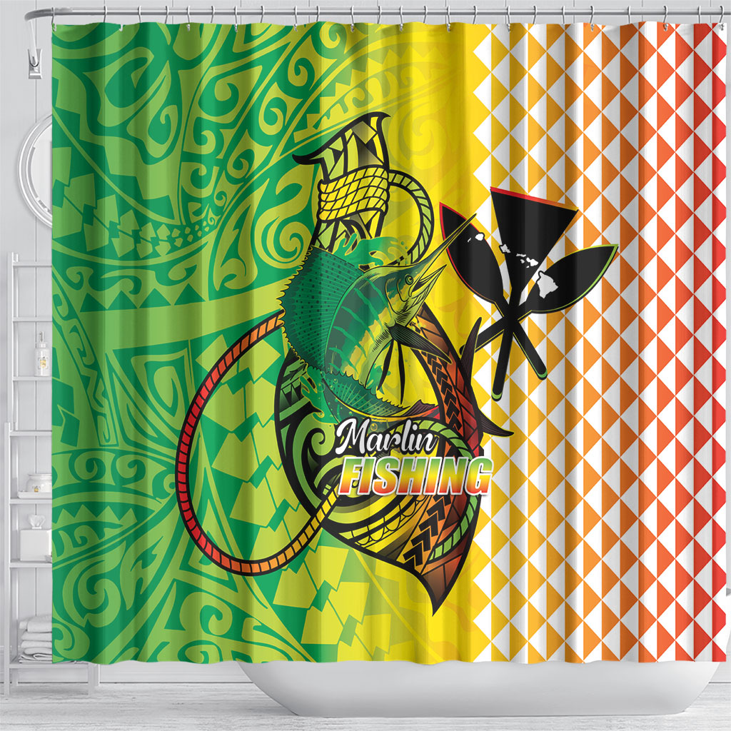 Hawaii Blue Marlin Fishing Shower Curtain Hawaiian Kanaka Kakau Reggae