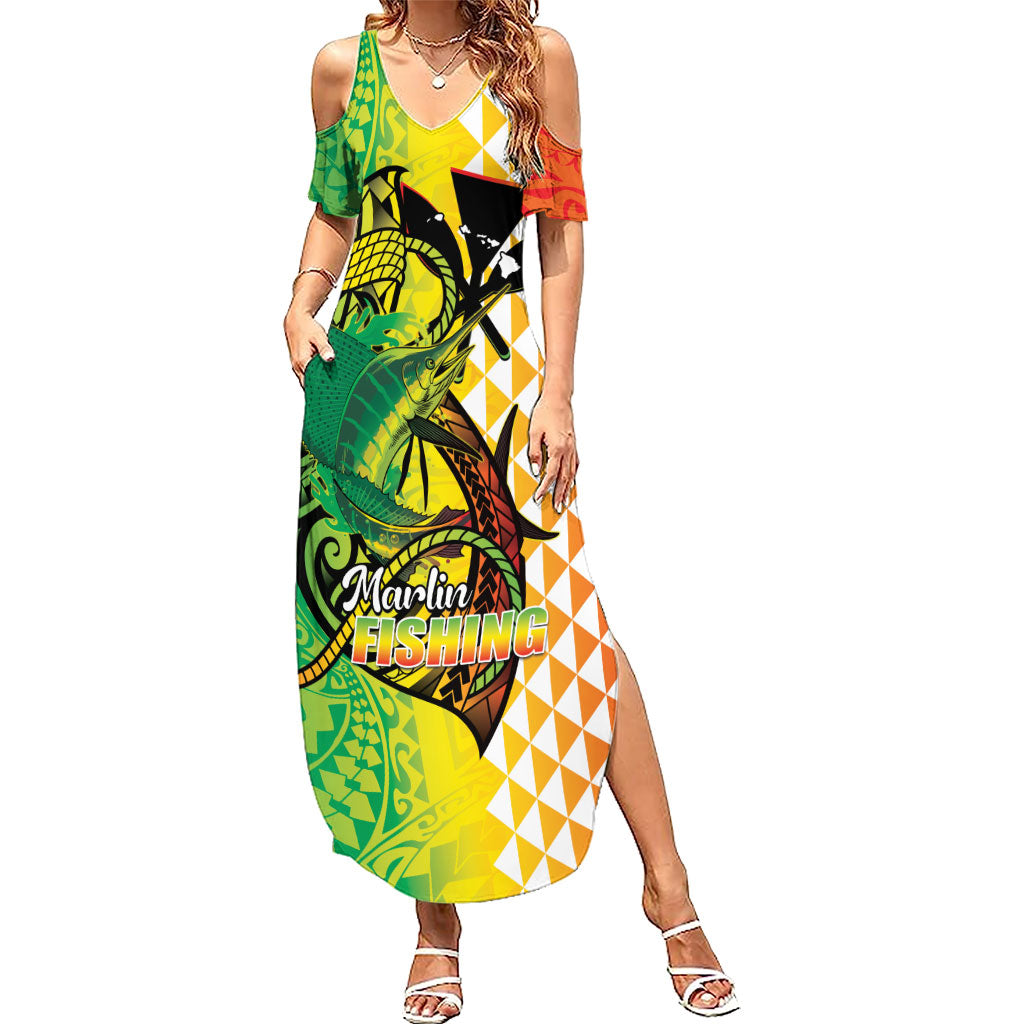 Hawaii Blue Marlin Fishing Summer Maxi Dress Hawaiian Kanaka Kakau Reggae
