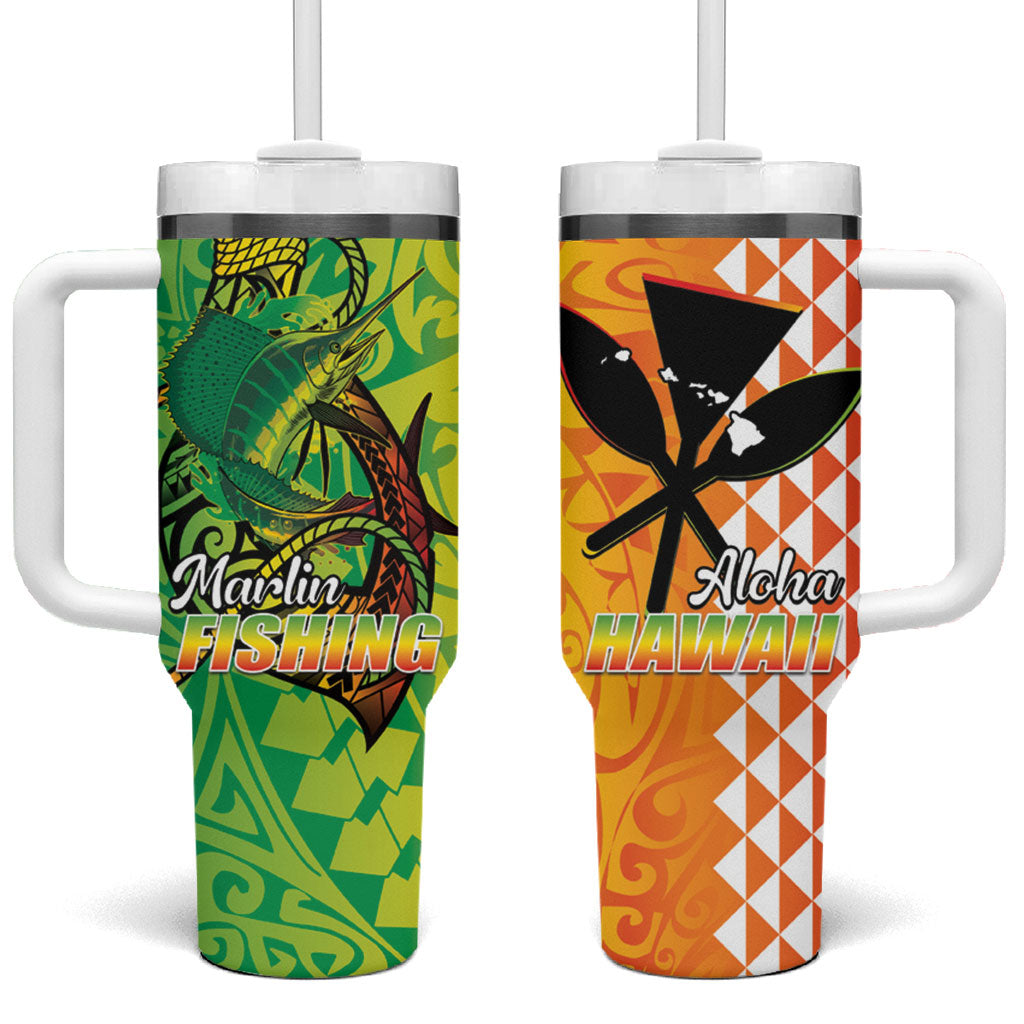Hawaii Blue Marlin Fishing Tumbler With Handle Hawaiian Kanaka Kakau Reggae