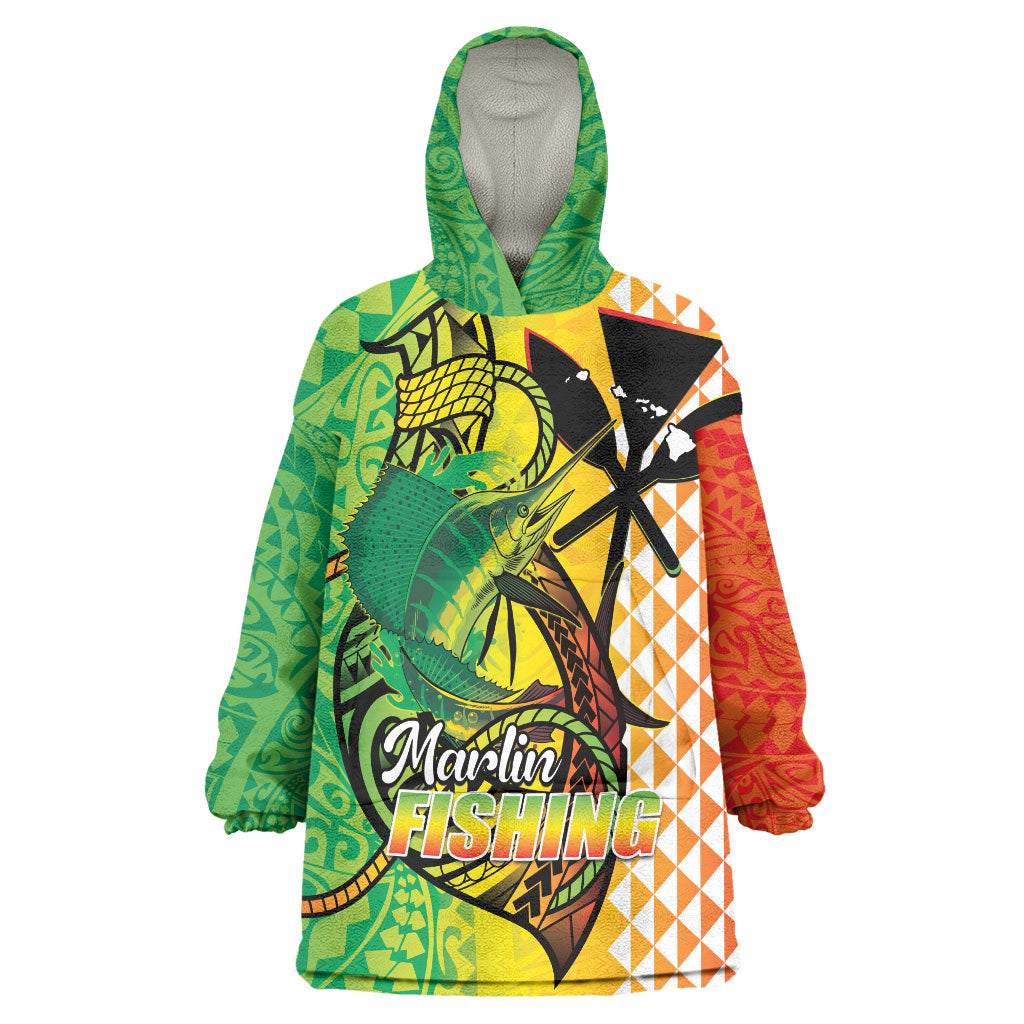 Hawaii Blue Marlin Fishing Wearable Blanket Hoodie Hawaiian Kanaka Kakau Reggae