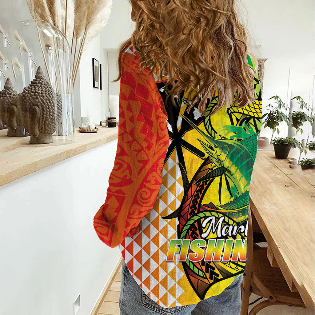 Hawaii Blue Marlin Fishing Women Casual Shirt Hawaiian Kanaka Kakau Reggae LT14 - Polynesian Pride