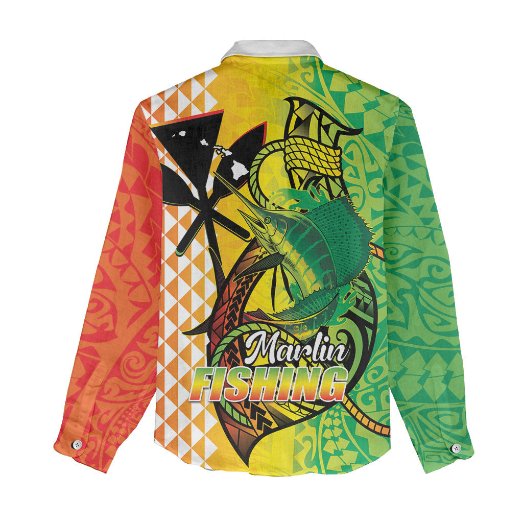 Hawaii Blue Marlin Fishing Women Casual Shirt Hawaiian Kanaka Kakau Reggae LT14 - Polynesian Pride
