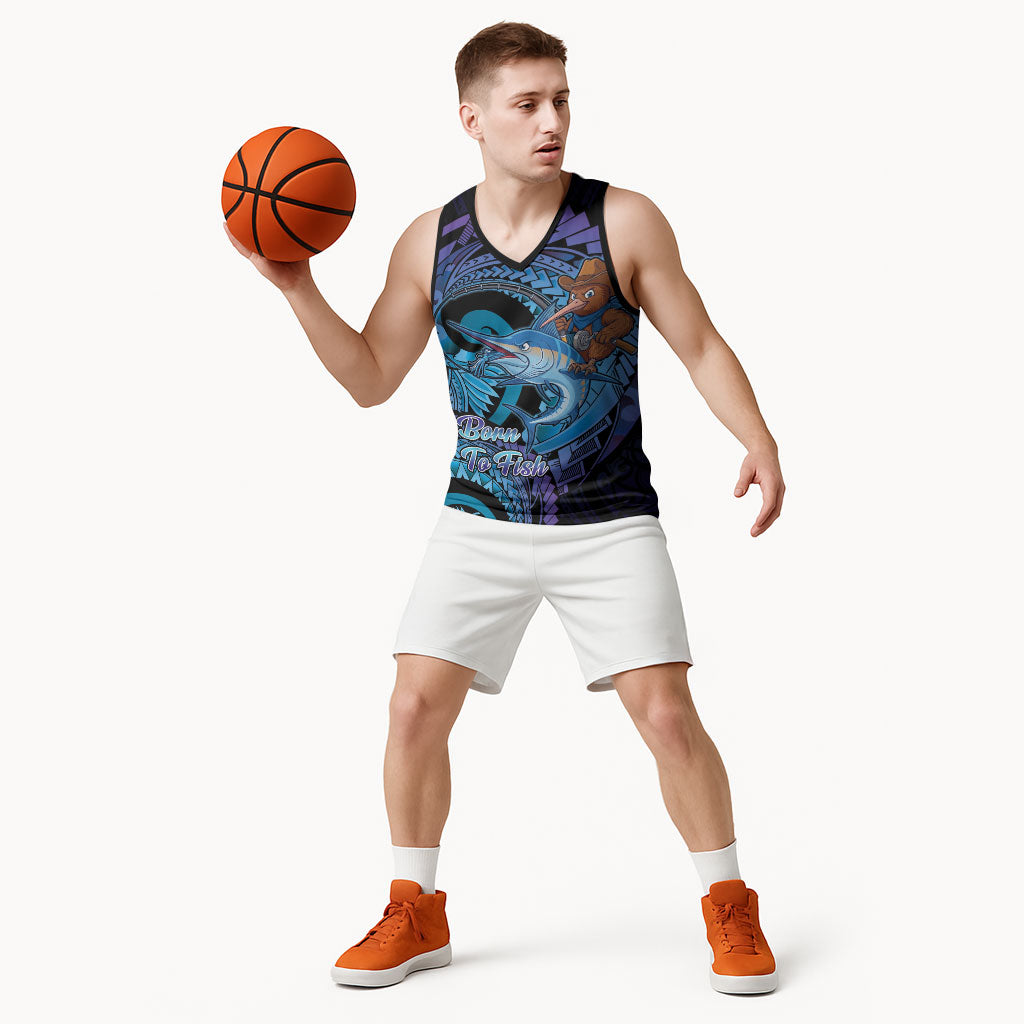 Personalised Blue Marlin Fishing New Zealand Basketball Jersey NZ Kiwi Cowboy Born To Fish LT14 - Polynesian Pride
