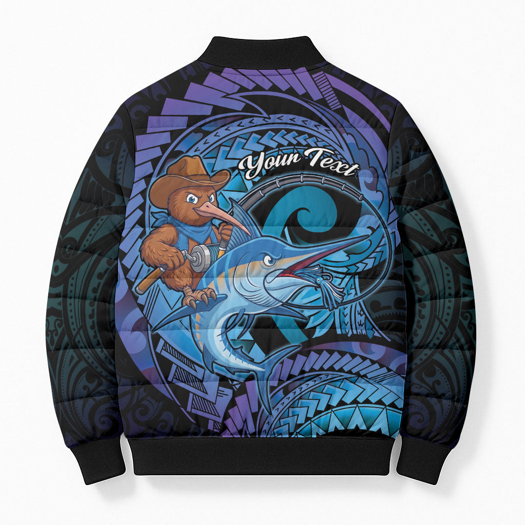Personalised Blue Marlin Fishing New Zealand Bomber Puffer Jacket NZ Kiwi Cowboy Born To Fish