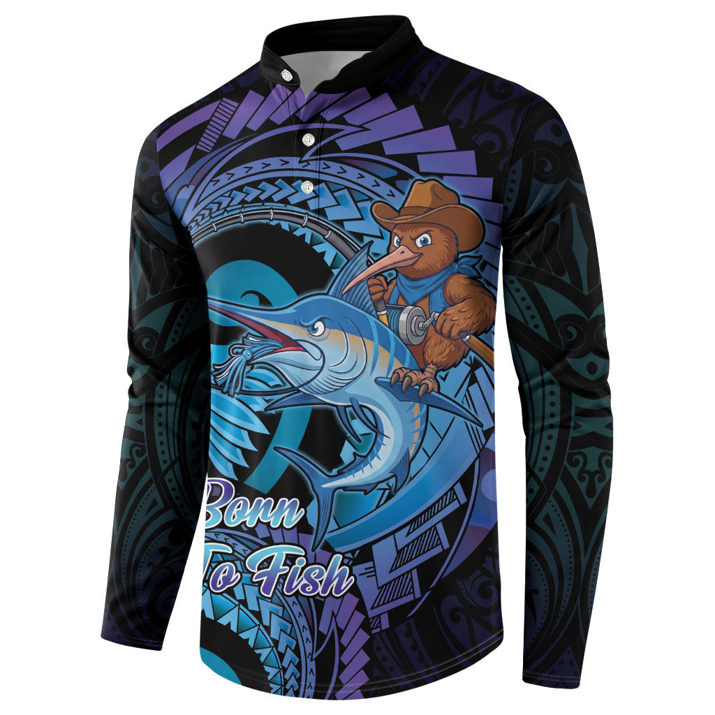 Personalised Blue Marlin Fishing New Zealand Button Sweatshirt NZ Kiwi Cowboy Born To Fish