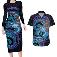 Personalised Blue Marlin Fishing New Zealand Couples Matching Long Sleeve Bodycon Dress and Hawaiian Shirt NZ Kiwi Cowboy Born To Fish LT14 Purple - Polynesian Pride