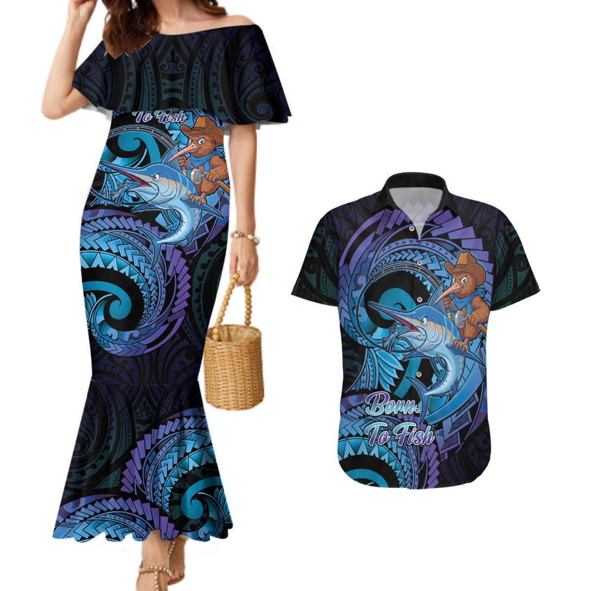 Personalised Blue Marlin Fishing New Zealand Couples Matching Mermaid Dress and Hawaiian Shirt NZ Kiwi Cowboy Born To Fish