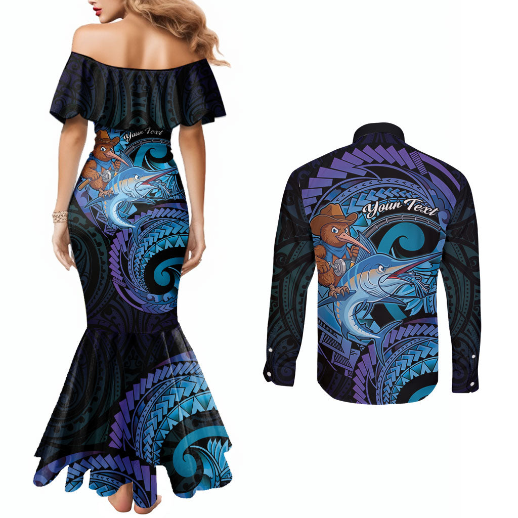 Personalised Blue Marlin Fishing New Zealand Couples Matching Mermaid Dress and Long Sleeve Button Shirt NZ Kiwi Cowboy Born To Fish LT14 - Polynesian Pride