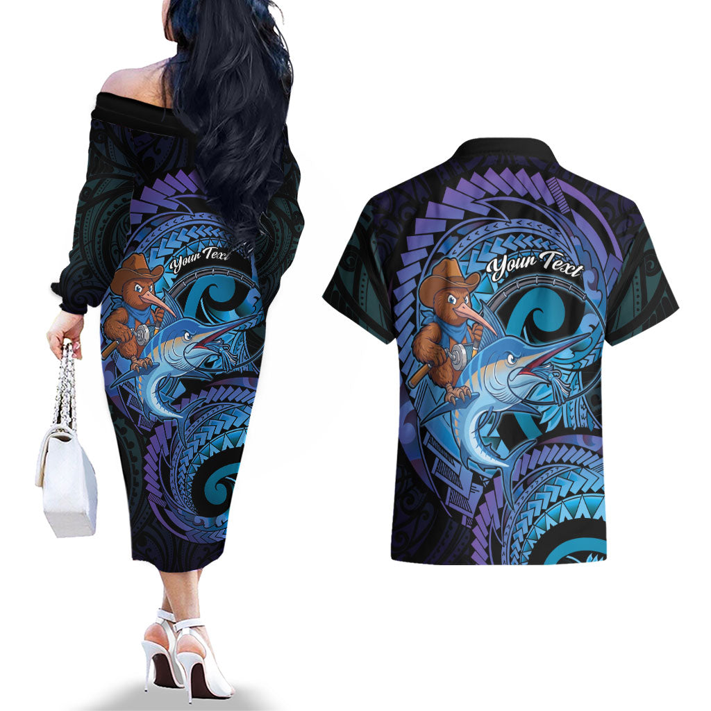 Personalised Blue Marlin Fishing New Zealand Couples Matching Off The Shoulder Long Sleeve Dress and Hawaiian Shirt NZ Kiwi Cowboy Born To Fish LT14 - Polynesian Pride
