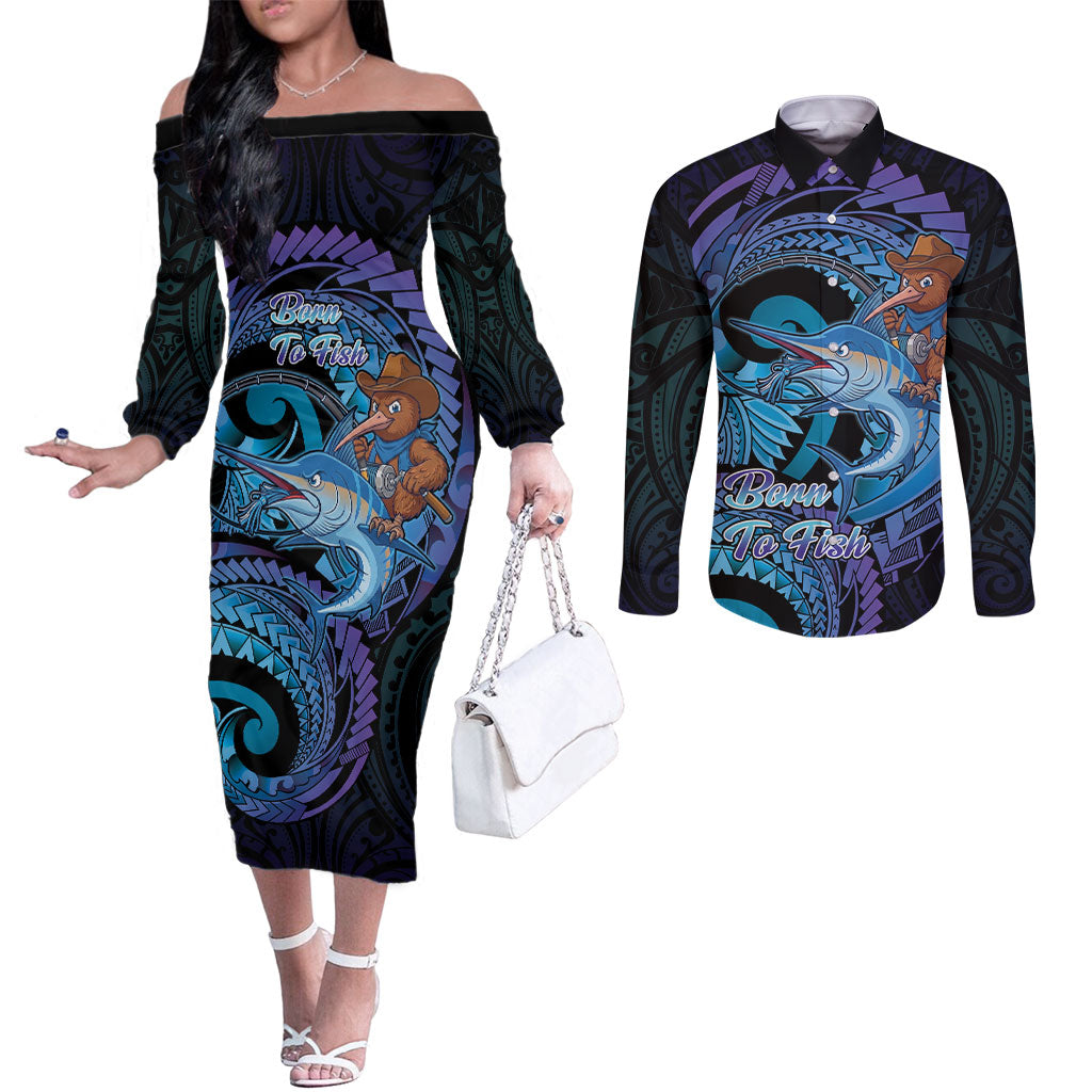 Personalised Blue Marlin Fishing New Zealand Couples Matching Off The Shoulder Long Sleeve Dress and Long Sleeve Button Shirt NZ Kiwi Cowboy Born To Fish LT14 Purple - Polynesian Pride