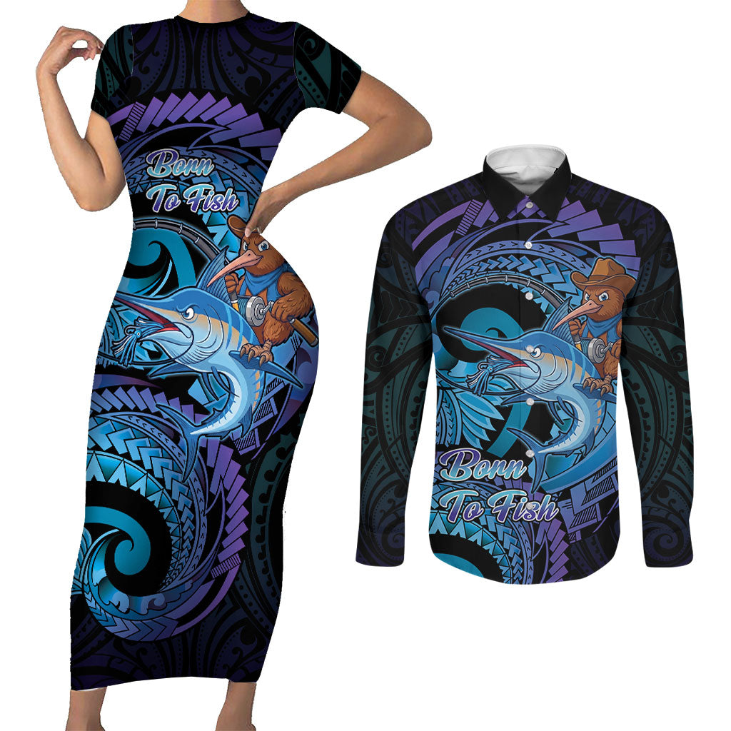 Personalised Blue Marlin Fishing New Zealand Couples Matching Short Sleeve Bodycon Dress and Long Sleeve Button Shirt NZ Kiwi Cowboy Born To Fish LT14 Purple - Polynesian Pride