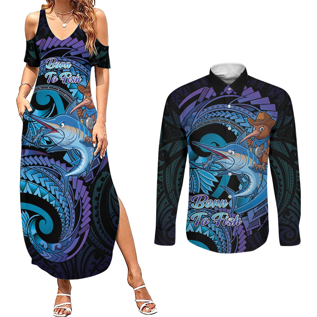 Personalised Blue Marlin Fishing New Zealand Couples Matching Summer Maxi Dress and Long Sleeve Button Shirt NZ Kiwi Cowboy Born To Fish