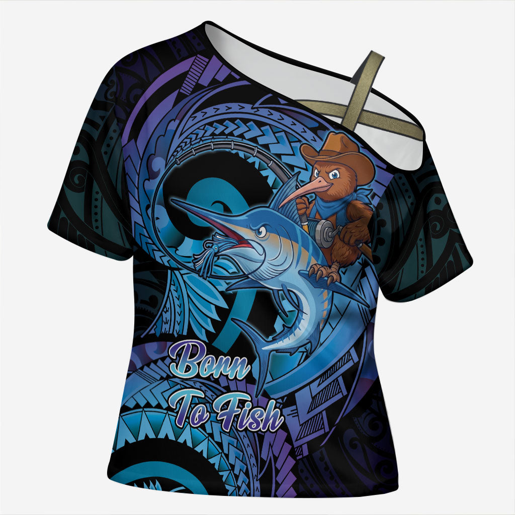 Personalised Blue Marlin Fishing New Zealand Cross Shoulder Shirt NZ Kiwi Cowboy Born To Fish LT14 Female Purple - Polynesian Pride