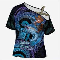 Personalised Blue Marlin Fishing New Zealand Cross Shoulder Shirt NZ Kiwi Cowboy Born To Fish LT14 Female Purple - Polynesian Pride