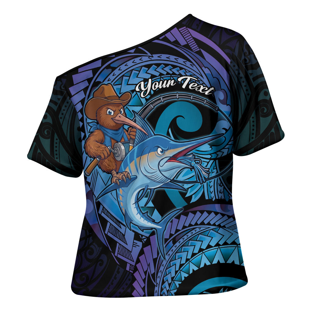 Personalised Blue Marlin Fishing New Zealand Cross Shoulder Shirt NZ Kiwi Cowboy Born To Fish LT14 - Polynesian Pride