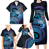 Personalised Blue Marlin Fishing New Zealand Family Matching Long Sleeve Bodycon Dress and Hawaiian Shirt NZ Kiwi Cowboy Born To Fish LT14 - Polynesian Pride