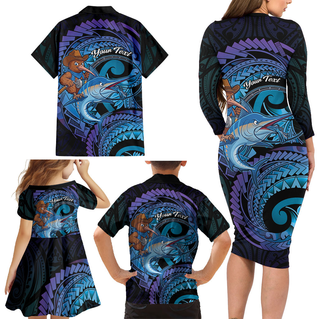Personalised Blue Marlin Fishing New Zealand Family Matching Long Sleeve Bodycon Dress and Hawaiian Shirt NZ Kiwi Cowboy Born To Fish LT14 - Polynesian Pride