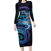 Personalised Blue Marlin Fishing New Zealand Family Matching Long Sleeve Bodycon Dress and Hawaiian Shirt NZ Kiwi Cowboy Born To Fish LT14 Mom's Dress Purple - Polynesian Pride