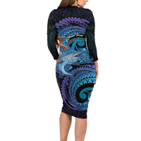 Personalised Blue Marlin Fishing New Zealand Family Matching Long Sleeve Bodycon Dress and Hawaiian Shirt NZ Kiwi Cowboy Born To Fish LT14 - Polynesian Pride