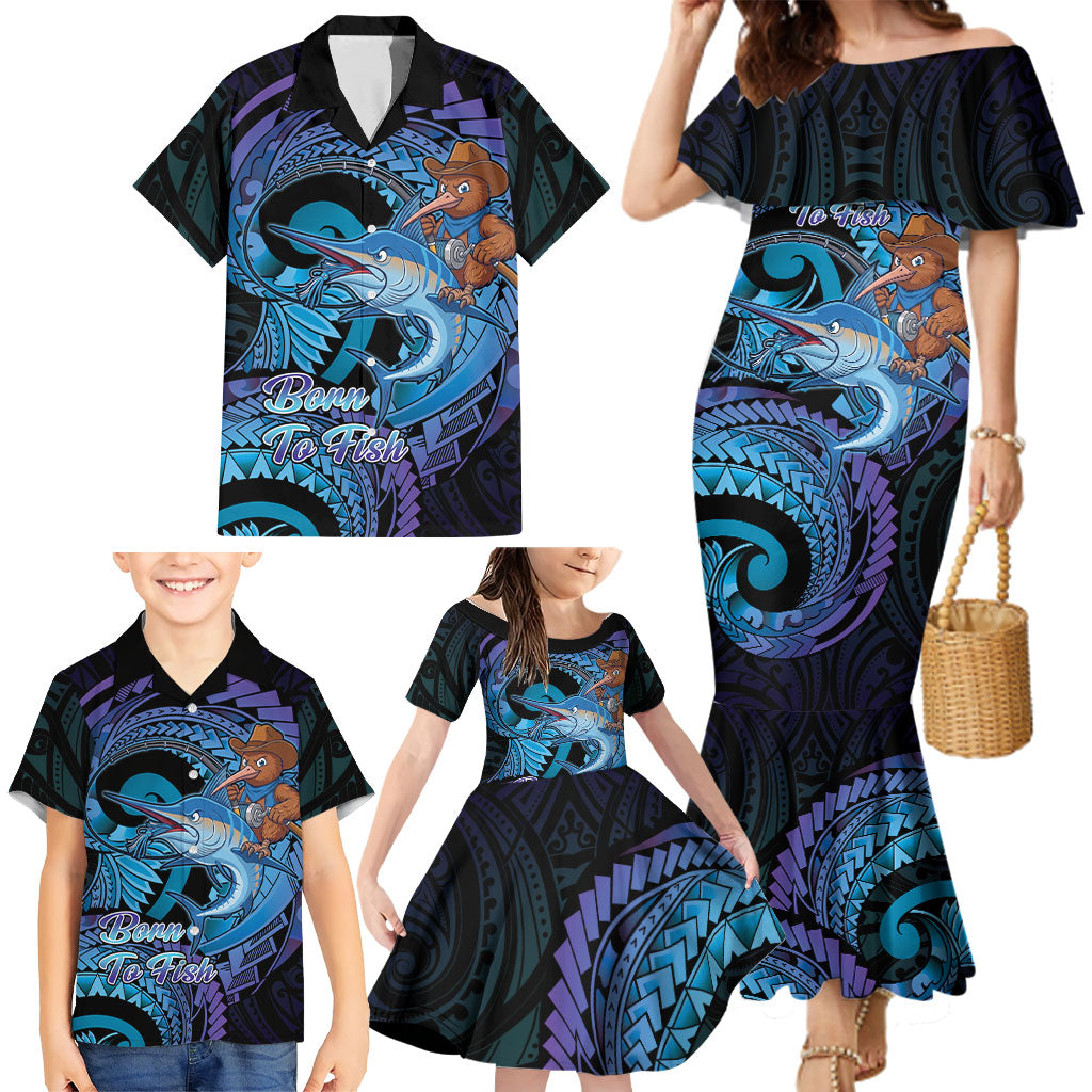 Personalised Blue Marlin Fishing New Zealand Family Matching Mermaid Dress and Hawaiian Shirt NZ Kiwi Cowboy Born To Fish LT14 - Polynesian Pride