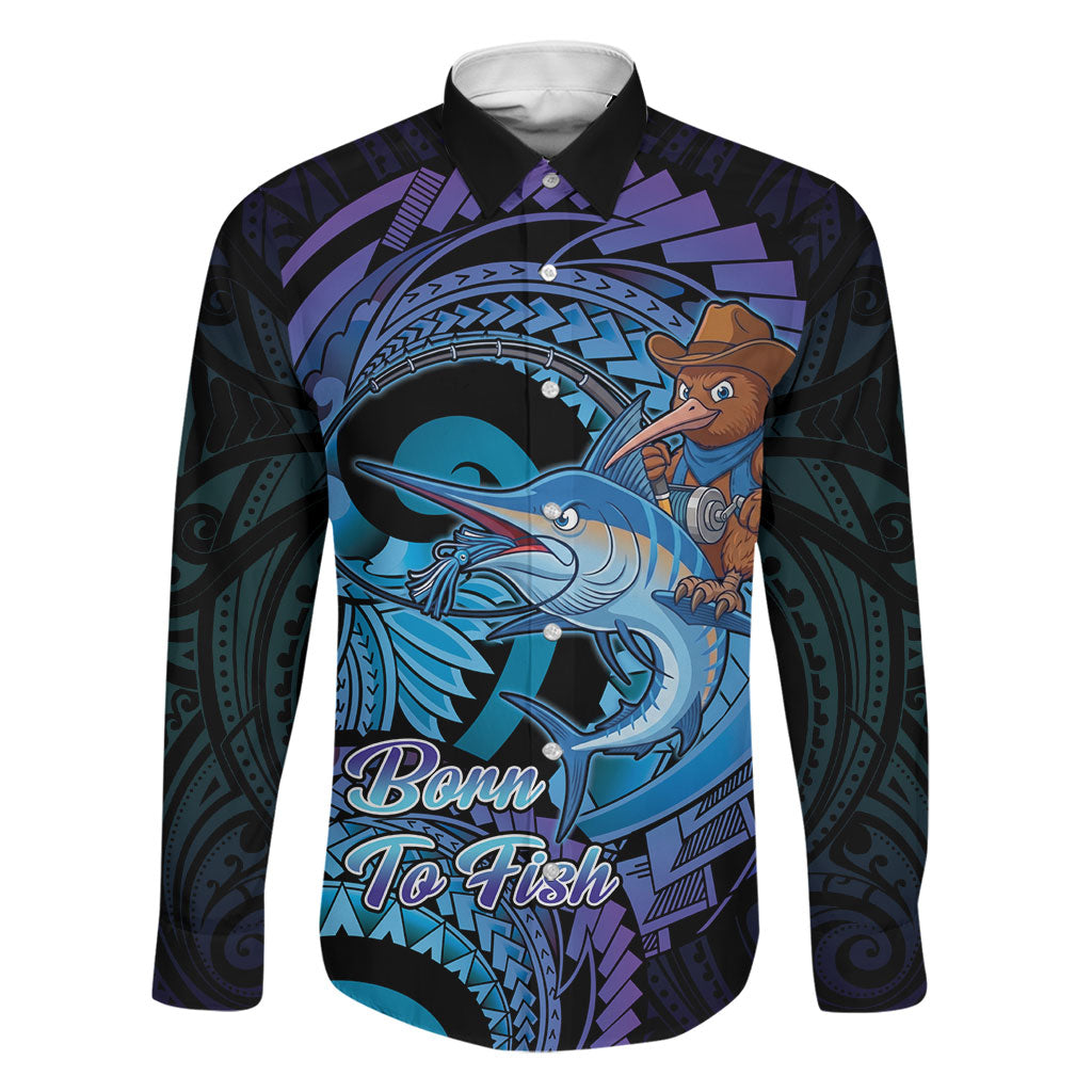 Personalised Blue Marlin Fishing New Zealand Family Matching Mermaid Dress and Hawaiian Shirt NZ Kiwi Cowboy Born To Fish LT14 Dad's Shirt - Long Sleeve Purple - Polynesian Pride