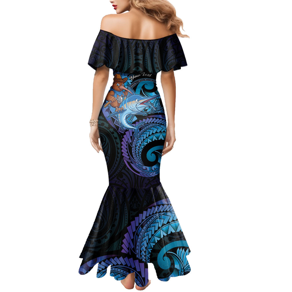 Personalised Blue Marlin Fishing New Zealand Family Matching Mermaid Dress and Hawaiian Shirt NZ Kiwi Cowboy Born To Fish LT14 - Polynesian Pride