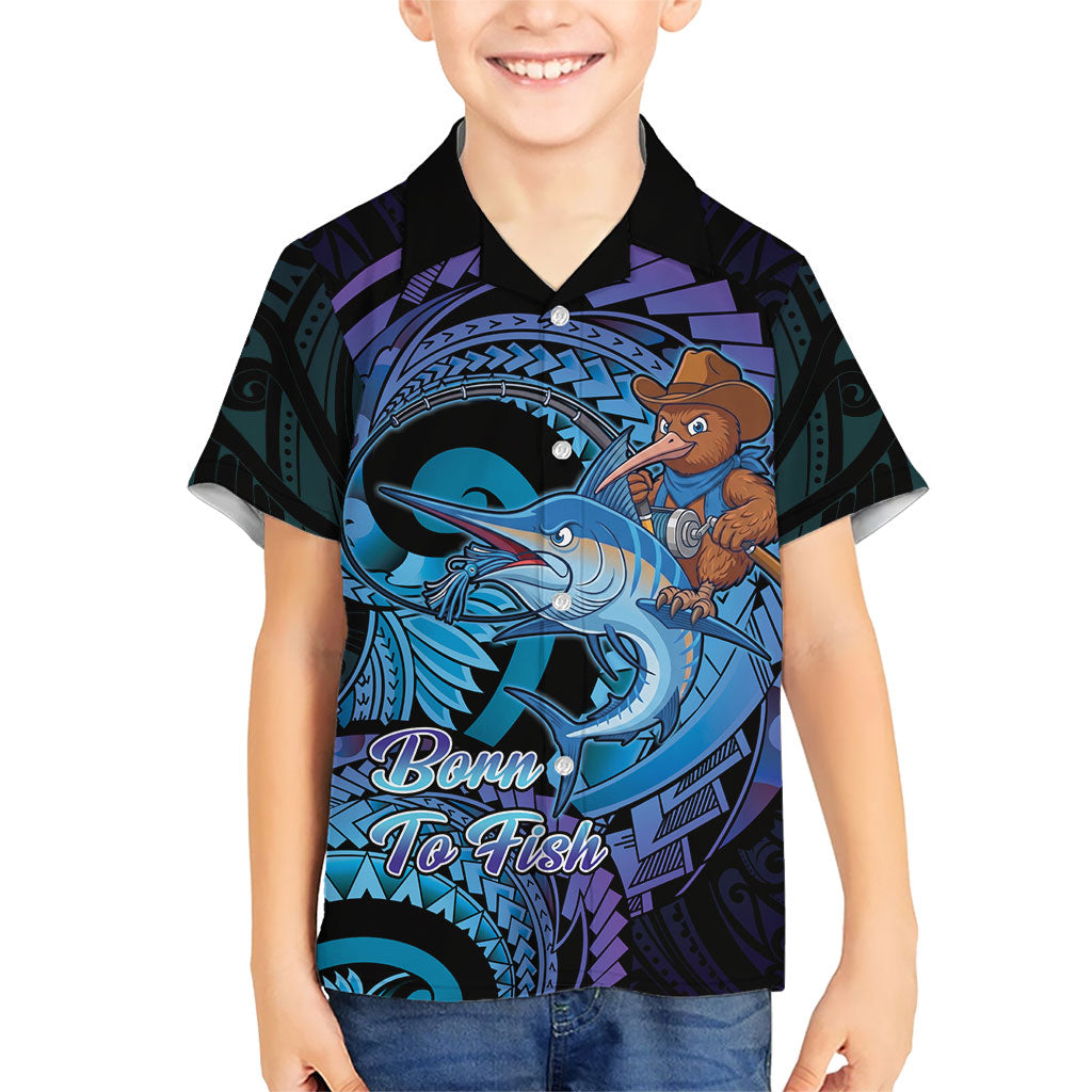 Personalised Blue Marlin Fishing New Zealand Family Matching Mermaid Dress and Hawaiian Shirt NZ Kiwi Cowboy Born To Fish LT14 Son's Shirt Purple - Polynesian Pride