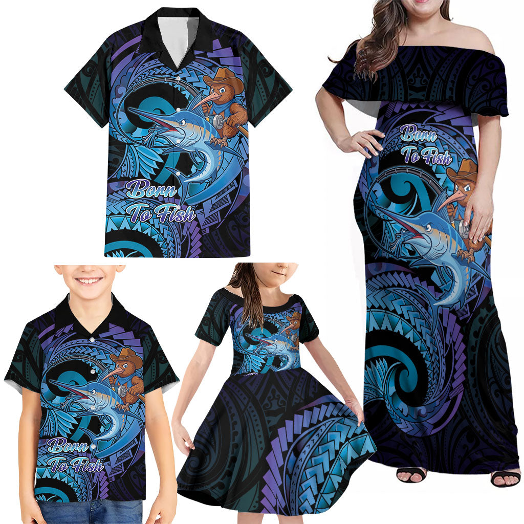 Personalised Blue Marlin Fishing New Zealand Family Matching Off Shoulder Maxi Dress and Hawaiian Shirt NZ Kiwi Cowboy Born To Fish