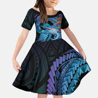 Personalised Blue Marlin Fishing New Zealand Family Matching Off Shoulder Short Dress and Hawaiian Shirt NZ Kiwi Cowboy Born To Fish LT14 Daughter's Dress Purple - Polynesian Pride